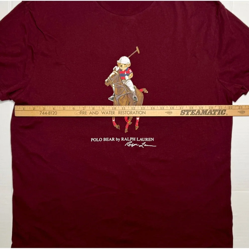 Ralph Lauren Polo Bear Horseback Vintage Single‎ Stitch Burgandy T Shirt Mens XL